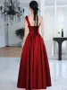Modest  Burgundy Satin Prom Dresses 2023 A-Line / Princess One-Shoulder Bow Sleeveless Backless Floor-Length / Long Prom Formal Dresses