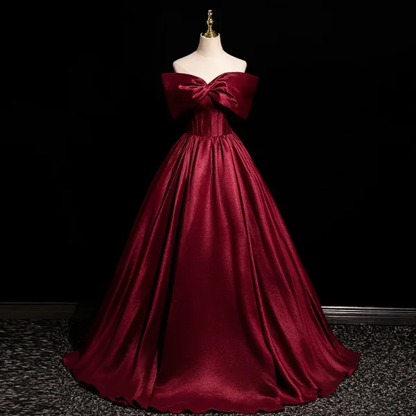 Elegant Burgundy Prom Dresses 2025 Ball Gown Bow Off-The-Shoulder Short Sleeve Backless Floor-Length / Long Prom Formal Dresses