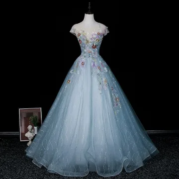 Vintage Originale Bleu Ciel Perlage En Dentelle Fleur Paillettes Robe De Bal 2026 Robe Boule Encolure Dégagée Mancherons Dos Nu