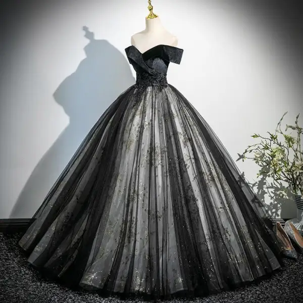 Elegant Black Appliques Sequins Prom Dresses 2025 Ball Gown Off-The-Shoulder Sleeveless Backless Floor-Length / Long Prom Formal Dresses