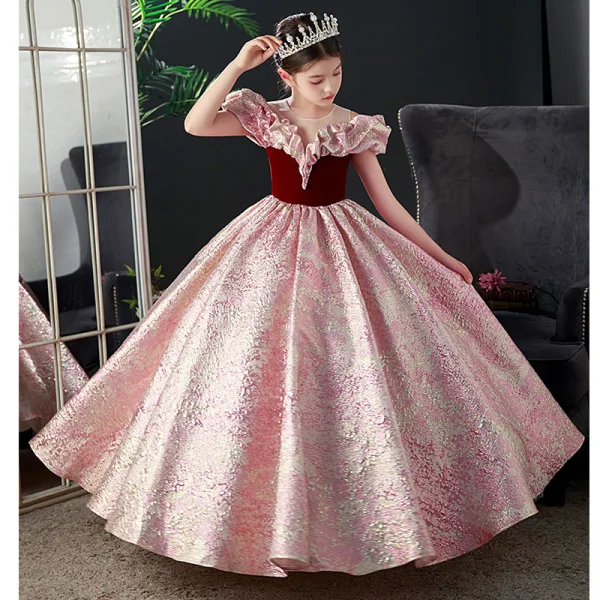 Bling Bling Burgundy Sequins Birthday Flower Girl Dresses 2023 Ball Gown Scoop Neck Ruffle Short Sleeve Floor-Length / Long Flower Girl Dresses
