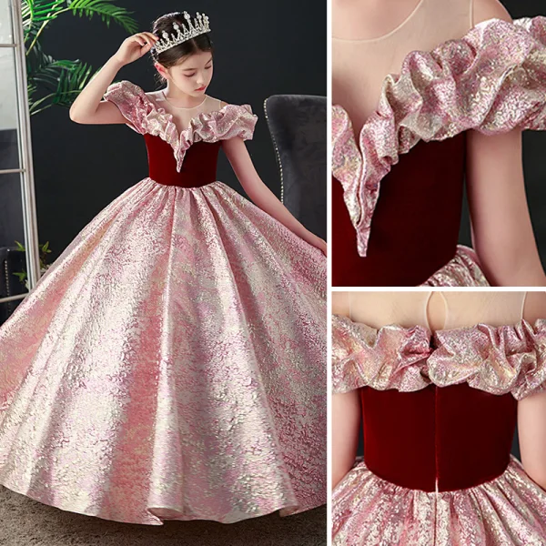 Bling Bling Burgundy Sequins Birthday Flower Girl Dresses 2023 Ball Gown Scoop Neck Ruffle Short Sleeve Floor-Length / Long Flower Girl Dresses