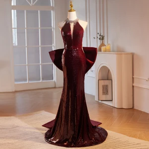 Sparkly Burgundy Rhinestone Sequins Evening Dresses 2024 Trumpet Mermaid Halter Sleeveless Backless Bow Sweep Train Evening Party Formal Dresses