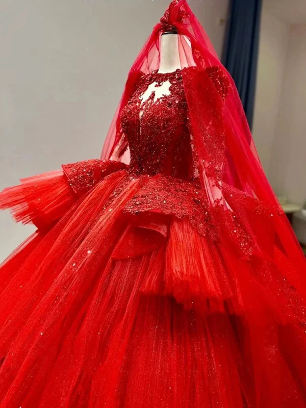 Chinese style Red Beading Sequins Lace Flower Wedding Dresses 2024 Ball Gown Scoop Neck Long Sleeve Chapel Train Wedding