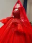 Chinese style Red Beading Sequins Lace Flower Wedding Dresses 2024 Ball Gown Scoop Neck Long Sleeve Chapel Train Wedding