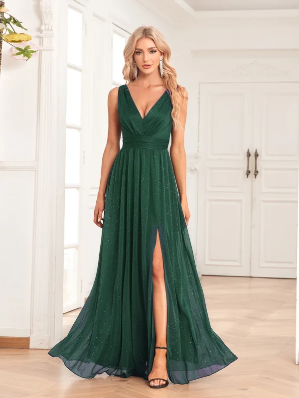 Simple Bleu Marine Fendue devant Robe De Bal 2024 Princesse Chiffon V-Cou Sans Manches Dos Nu Longue Promo Robe De Ceremonie