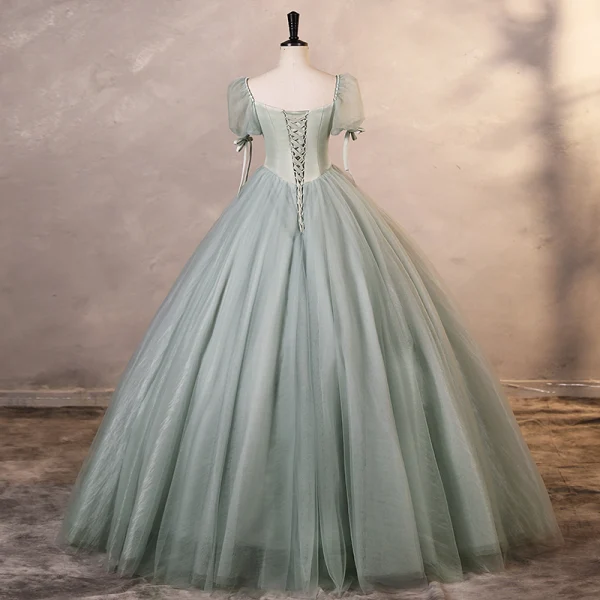 Elegante Salbeigrün Ballkleider 2023 Ballkleid Eckiger Ausschnitt Geschwollenes Kurze Ärmel Rückenfreies Lange Ball Festliche Kleider