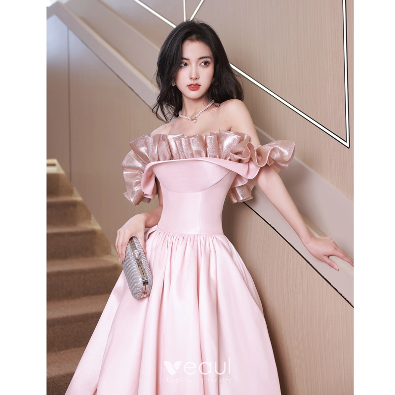 Formal Pink Long Sleeve Prom Dress Blush Chiffon Dress With Sleeves Lovely  Blushing Pink Satin Ruffle
