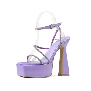 Sexy Lavender Cocktail Party Womens Sandals 2023 Rhinestone Ankle Strap 15 Cm Thick Heels Open Peep Toe Sandals High Heels