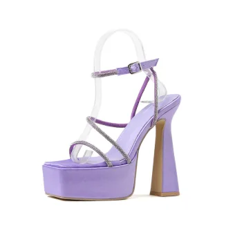 Sexy Lavande Cocktail Sandales Femme 2023 Faux Diamant Bride Cheville 15 Cm Talons Épais Peep Toes Bout Ouvert Sandales Talons Hauts