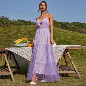 Sexy Lavender Evening Dresses 2022 A Line Princess Halter Sleeveless Backless Lace Up Bow Floor Length Long Evening Party Formal Dresses
