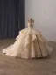 Luxury / Gorgeous Bling Bling Champagne Beading Sequins Lace Flower Cascading Ruffles Wedding Dresses 2026 Ball Gown Strapless Sleeveless Backless Chapel Train