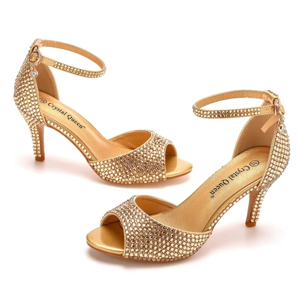 Sexy Noire Multi-Couleurs Faux Diamant Cocktail Sandales Femme 2023 Bride Cheville 7 cm Talons Aiguilles Peep Toes / Bout Ouvert Sandales Talons Hauts