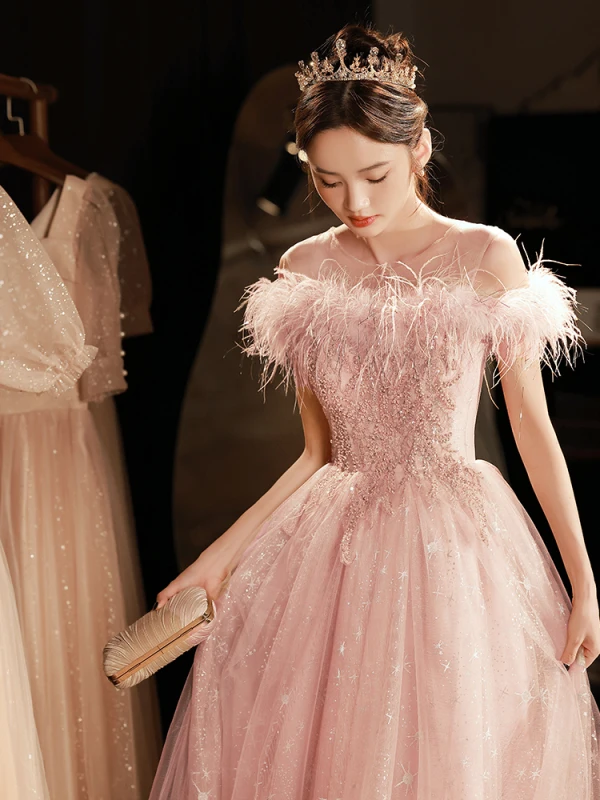Chic / Belle Rougissant Rose Perlage Paillettes Robe De Soirée 2023 Princesse Encolure Dégagée Gland Sans Manches Longue Soirée Robe De Ceremonie