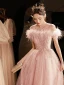 Chic / Belle Rougissant Rose Perlage Paillettes Robe De Soirée 2023 Princesse Encolure Dégagée Gland Sans Manches Longue Soirée Robe De Ceremonie