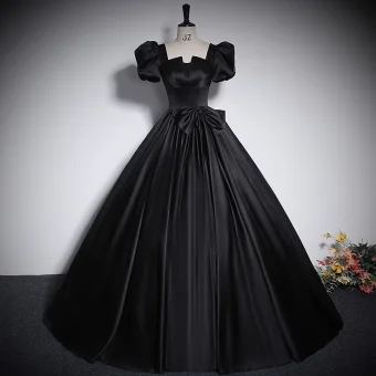 Elegant Black Satin Prom Dresses 2023 Ball Gown Square Neckline Puffy Short Sleeve Bow Backless Floor Length Long Prom Formal Dresses