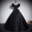 Elegant Black Satin Prom Dresses 2023 Ball Gown Square Neckline Puffy Short Sleeve Bow Backless Floor-Length / Long Prom Formal Dresses