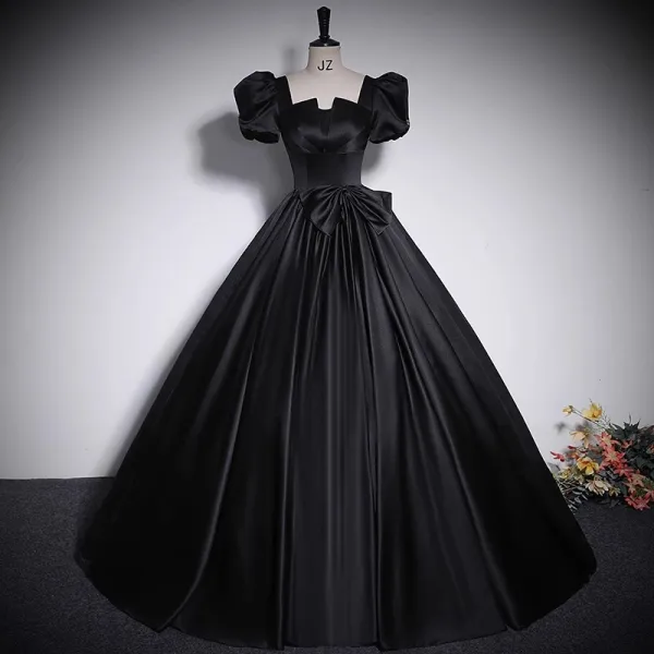 Vintage / Retro Clover Green Satin Prom Dresses 2023 Ball Gown Square Neckline Bow Short Sleeve Backless Floor-Length / Long Prom Formal Dresses