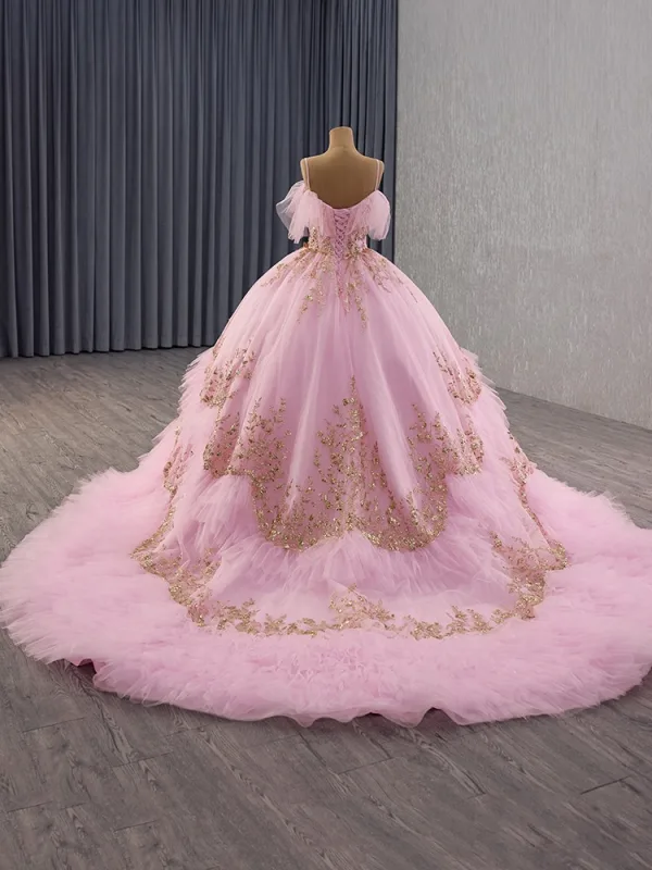 Luxury / Gorgeous Blushing Pink Beading Sequins Prom Dresses 2025 Ball Gown Spaghetti Straps Sleeveless Backless Chapel Train Prom Formal Dresses