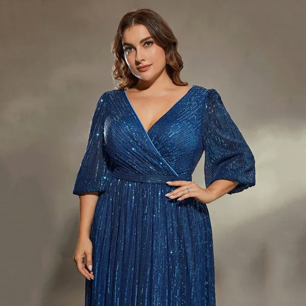 Sparkly Navy Blue Sequins Plus Size Evening Dresses 2025 A-Line / Princess V-Neck 3/4 Sleeve Floor-Length / Long Evening Party Formal Dresses
