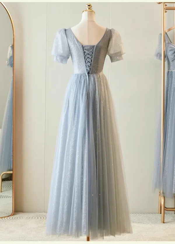 Chic / Belle Gris Perlage Faux Diamant Paillettes Robe Demoiselle D'honneur 2023 Princesse Encolure Carrée Manches Courtes Dos Nu Longue