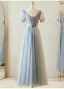 Chic / Belle Gris Perlage Faux Diamant Paillettes Robe Demoiselle D'honneur 2023 Princesse Encolure Carrée Manches Courtes Dos Nu Longue