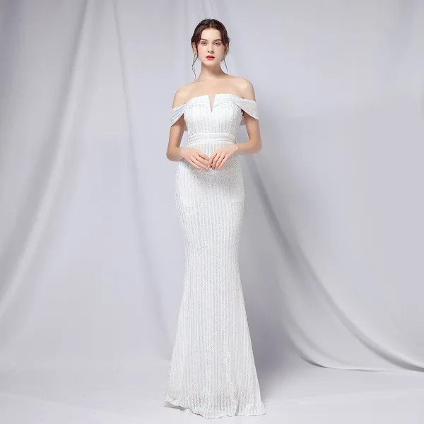 Charming Black Gold Sequins Evening Dresses 2022 Trumpet / Mermaid Off-The-Shoulder Short Sleeve Backless Floor-Length / Long Evening Party Formal Dresses