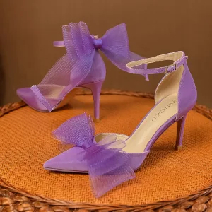 Chic Beautiful Prom Lavender Womens Shoes 2023 Ankle Strap Bow 8 Cm Stiletto Heels Pointed Toe Womens Shoes High Heels