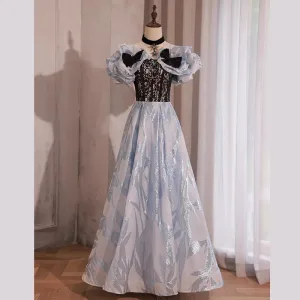 Mode Bleu Ciel Glitter Faux Diamant Robe De Bal 2023 Princesse De L Épaule Noeud Manches Courtes Dos Nu Longue Promo Robe De Ceremonie