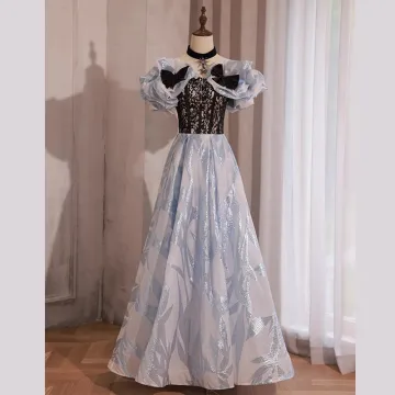 Fashion Sky Blue Glitter Rhinestone Prom Dresses 2023 A Line Princess Off The Shoulder Bow Short Sleeve Backless Floor Length Long Prom Formal Dresses