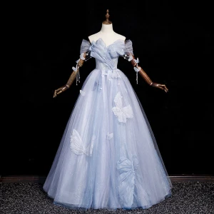 Elegant Sky Blue Butterfly Appliques Pearl Sequins Prom Dresses 2023 A Line Princess Off The Shoulder Sleeveless Backless Floor Length Long Prom Formal Dresses