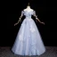 Elegant Sky Blue Butterfly Appliques Pearl Sequins Prom Dresses 2023 A-Line / Princess Off-The-Shoulder Sleeveless Backless Floor-Length / Long Prom Formal Dresses