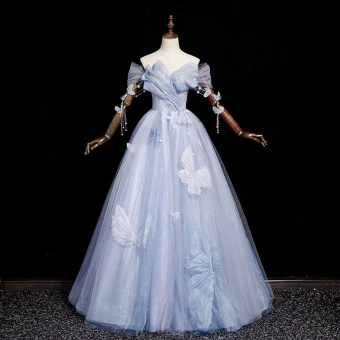 Elegantes Azul Cielo Mariposa Apliques Perla Lentejuelas Vestidos De Gala 2023 A Line Princess Fuera Del Hombro Sin Mangas Sin Espalda Largos Gala Vestidos Formales