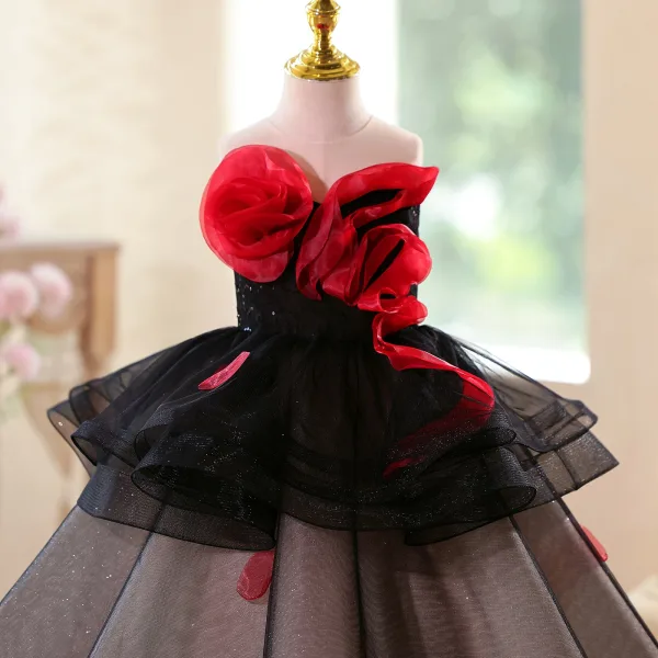 Chic / Beautiful Black Appliques Sequins Birthday Flower Girl Dresses 2025 Ball Gown Scoop Neck Sleeveless Floor-Length / Long Tulle