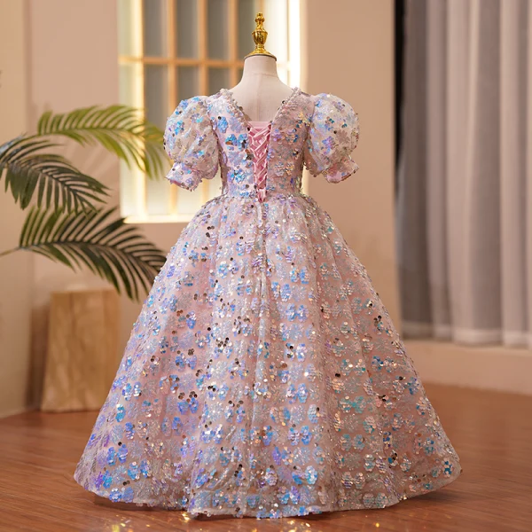 Scintillantes Mode Rougissant Rose Perle Faux Diamant Paillettes Anniversaire Robe Ceremonie Fille 2022 Robe Boule Encolure Carrée Gonflée Manches Courtes Dos Nu Longue Robe Ceremonie Fille