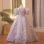 Scintillantes Mode Rougissant Rose Perle Faux Diamant Paillettes Anniversaire Robe Ceremonie Fille 2022 Robe Boule Encolure Carrée Gonflée Manches Courtes Dos Nu Longue Robe Ceremonie Fille