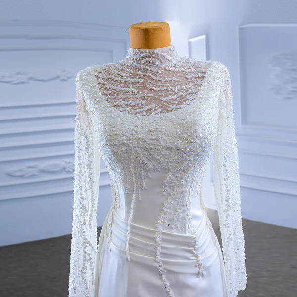 High-end Ivory Satin Wedding Dresses 2022 Trumpet / Mermaid High Neck Beading Pearl Sequins Long Sleeve Floor-Length / Long Wedding