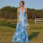 Chic / Beautiful Pool Blue Printing Beach Maxi Dresses 2022 A-Line / Princess Halter Sleeveless Backless Floor-Length / Long Women Dresses