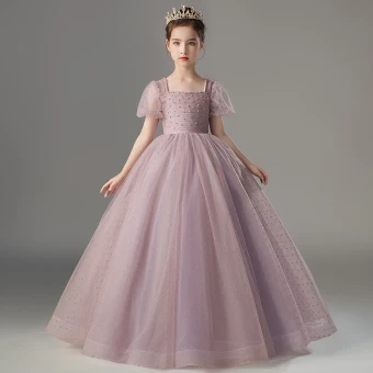 Chic Belle Rougissant Rose Perle Anniversaire Robe Ceremonie Fille 2022 Robe Boule Encolure Carrée Manches Courtes Dos Nu Longue Robe Ceremonie Fille