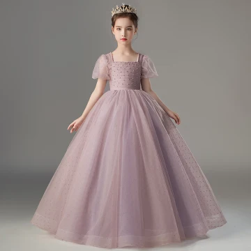 Chic Beautiful Blushing Pink Pearl Birthday Flower Girl Dresses 2022 Ball Gown Square Neckline Short Sleeve Backless Floor Length Long Flower Girl Dresses
