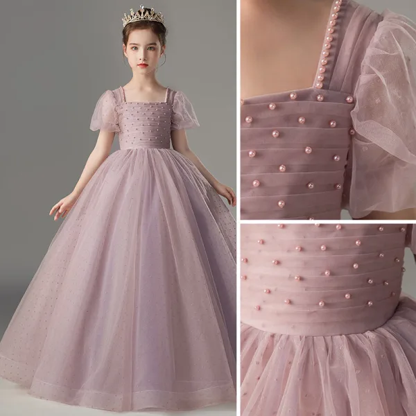 Chic / Beautiful Purple Pearl Prom Flower Girl Dresses 2022 Ball Gown Square Neckline Short Sleeve Backless Floor-Length / Long