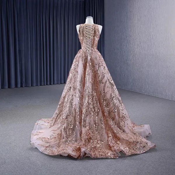 Sparkly High-end Rose Gold Handmade  Beading Sequins Prom Dresses 2023 A-Line / Princess Scoop Neck Sleeveless Sweep Train Prom Formal Dresses