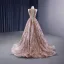Sparkly High-end Rose Gold Handmade  Beading Sequins Prom Dresses 2023 A-Line / Princess Scoop Neck Sleeveless Sweep Train Prom Formal Dresses