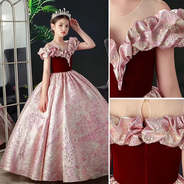 Elegant Burgundy Prom Flower Girl Dresses 2022 Ball Gown Ruffle Scoop Neck Sequins Short Sleeve Floor-Length / Long Flower Girl Dresses