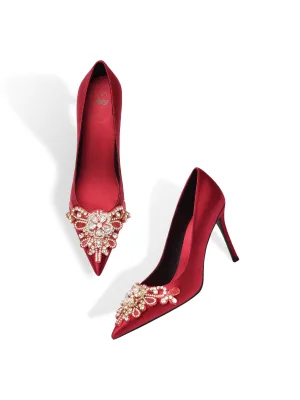 Chinese Style Burgundy Satin Rhinestone Pointed Toe Wedding Shoes 2026 8 Cm Stiletto Heels Wedding Pumps