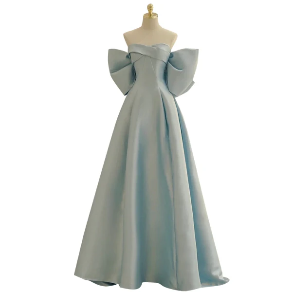 Fashion Sky Blue Satin Prom Dresses 2023 A-Line / Princess Off-The-Shoulder Bow Short Sleeve Backless Sweep Train Formal Dresses