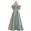 Fashion Sky Blue Satin Prom Dresses 2023 A-Line / Princess Off-The-Shoulder Bow Short Sleeve Backless Sweep Train Formal Dresses