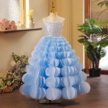 Mode Bleu Ciel Paillettes Volants En Cascade Anniversaire Robe Ceremonie Fille 2023 Robe Boule Encolure Dégagée Sans Manches Dos Nu Longue