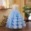 Fashion Sky Blue Sequins Cascading Ruffles Birthday Flower Girl Dresses 2023 Ball Gown Scoop Neck Sleeveless Backless Floor-Length / Long