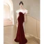 Charming Burgundy Velvet Evening Dresses 2023 Trumpet / Mermaid Ruffle Off-The-Shoulder Short Sleeve Backless Floor-Length / Long Formal Dresses